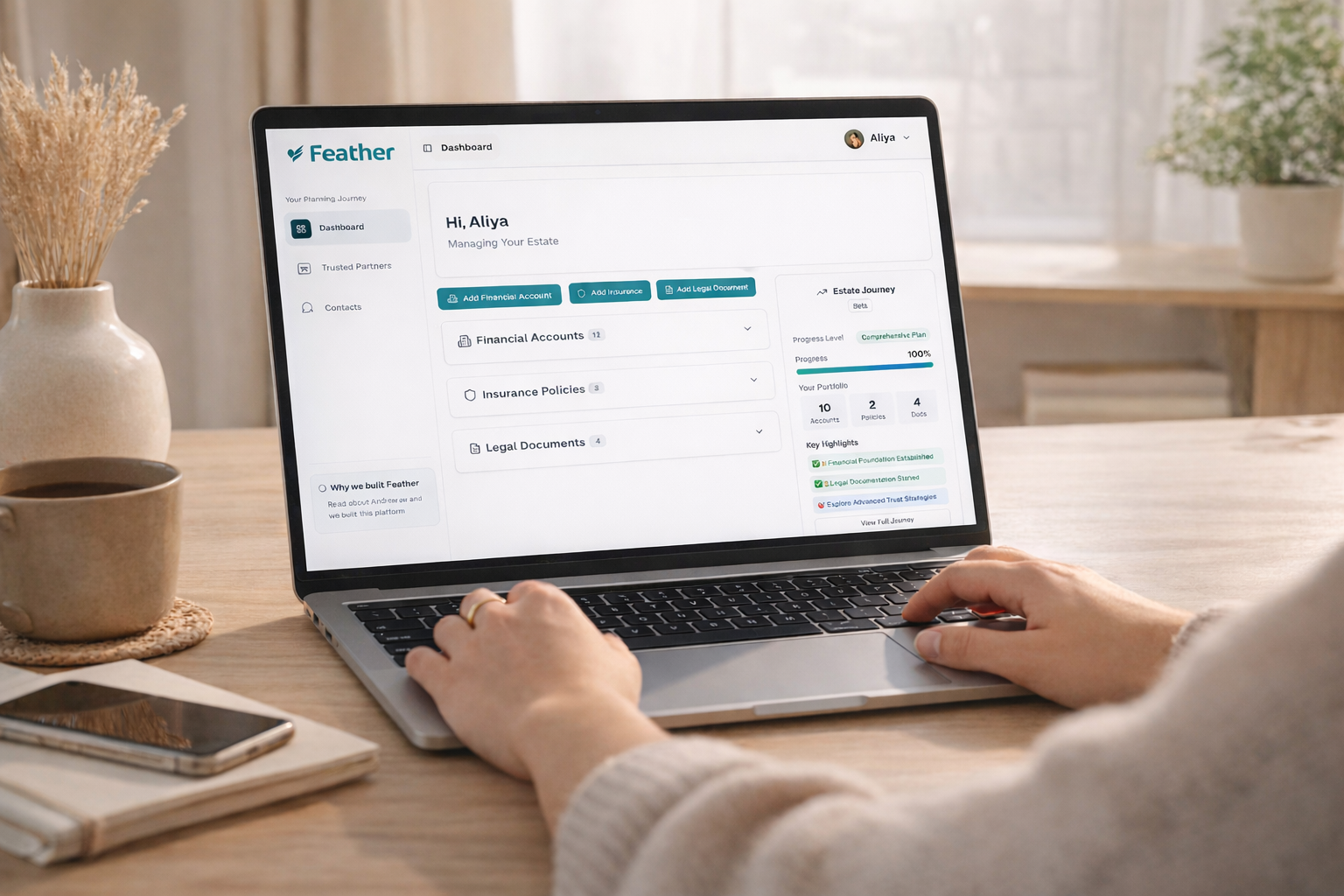 Person using Feather's trusted partner management dashboard